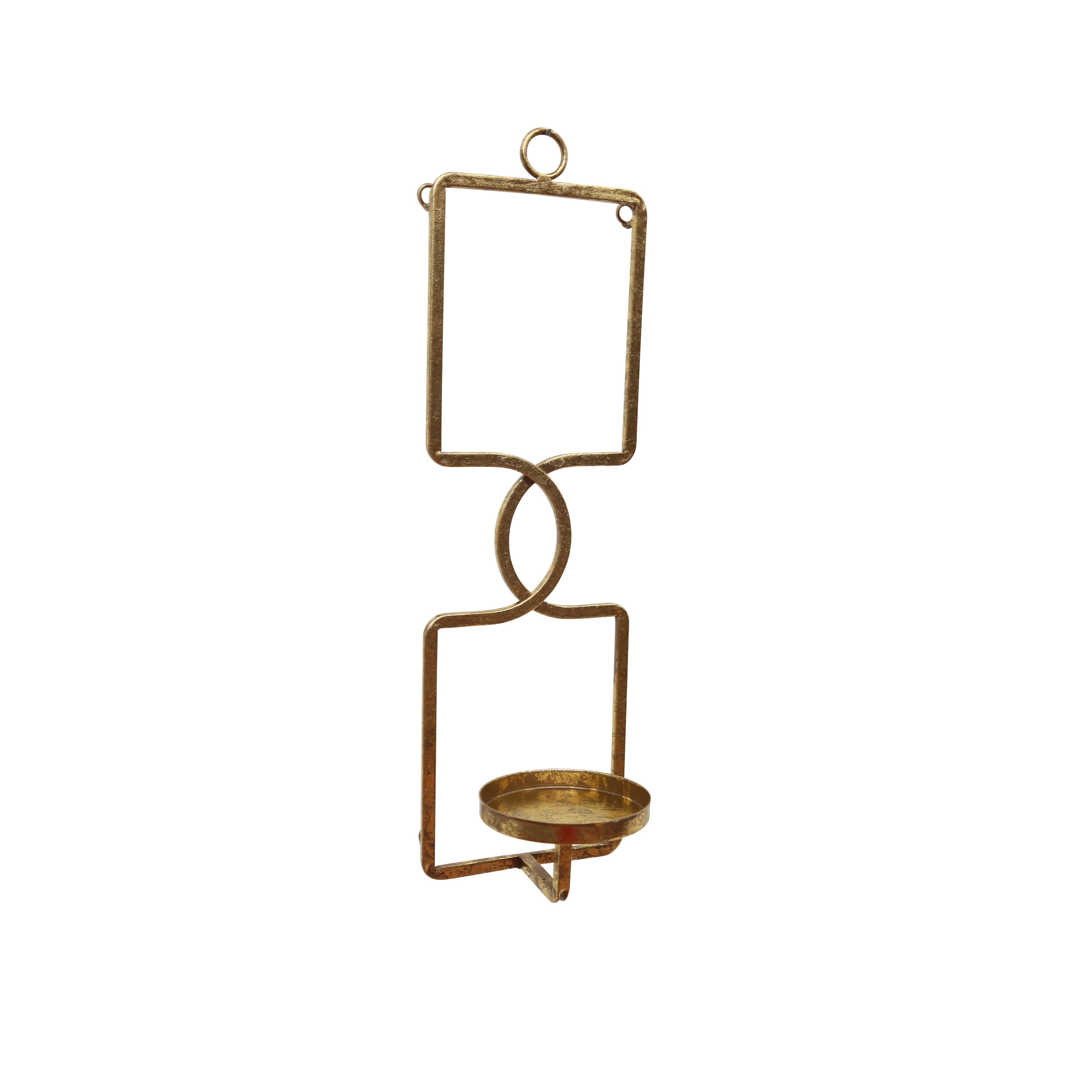 Geometric Shape Iron Wall Sconce with Round Candle Stand, Small, Gold