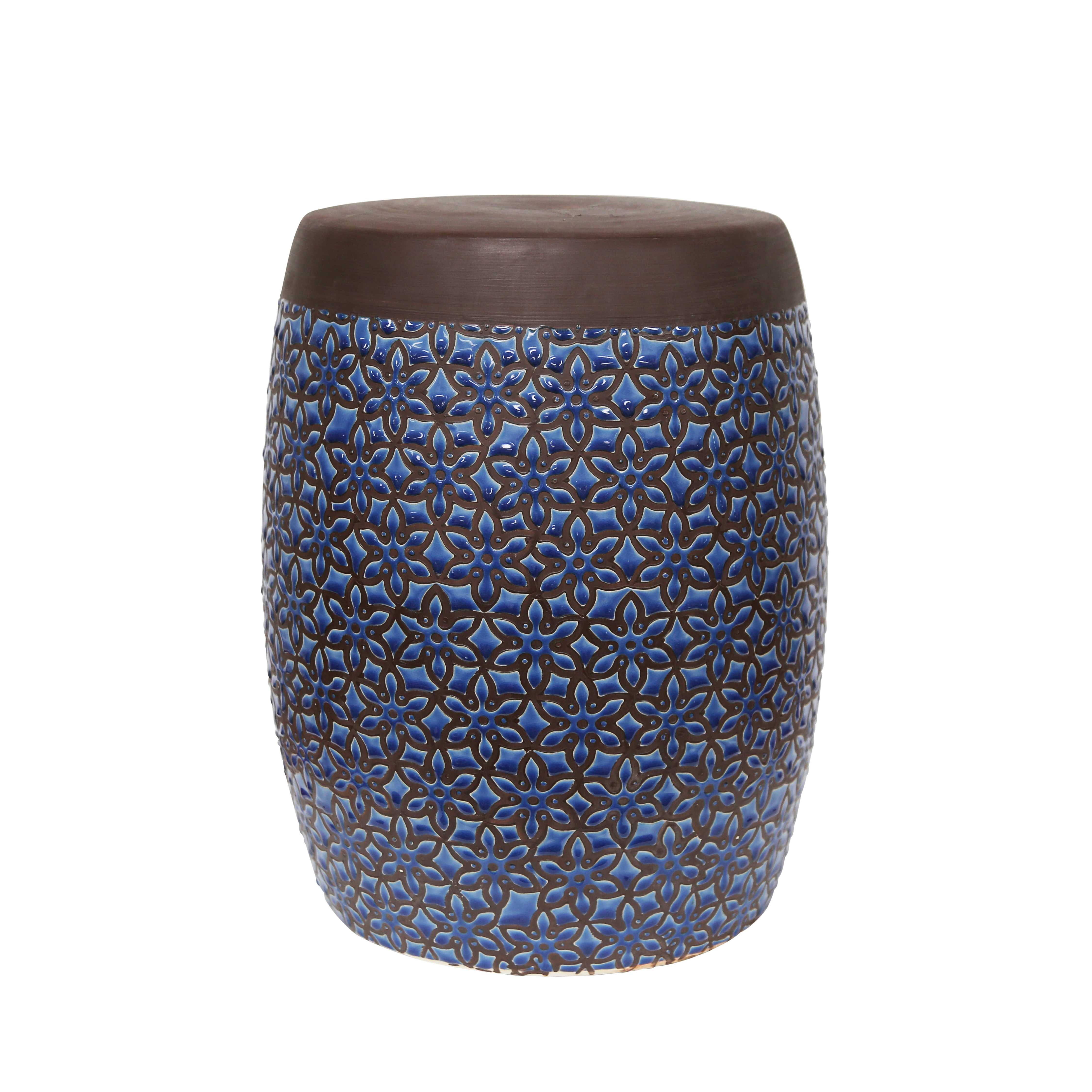 Ceramic Garden Stool with Floral Pattern, Brown and Blue