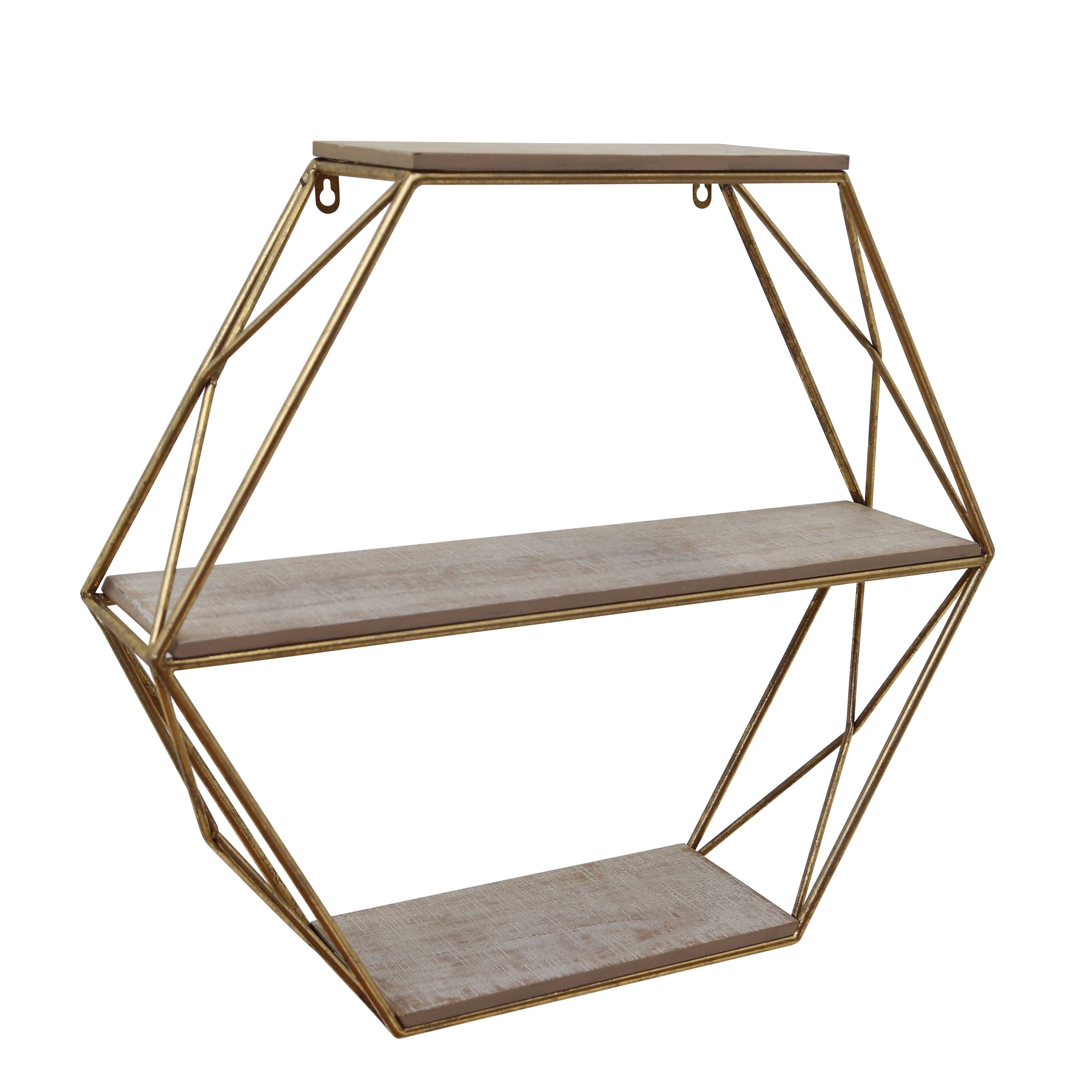 Metal and Wood Three Tier Hexagon Wall Shelf, White and Gold