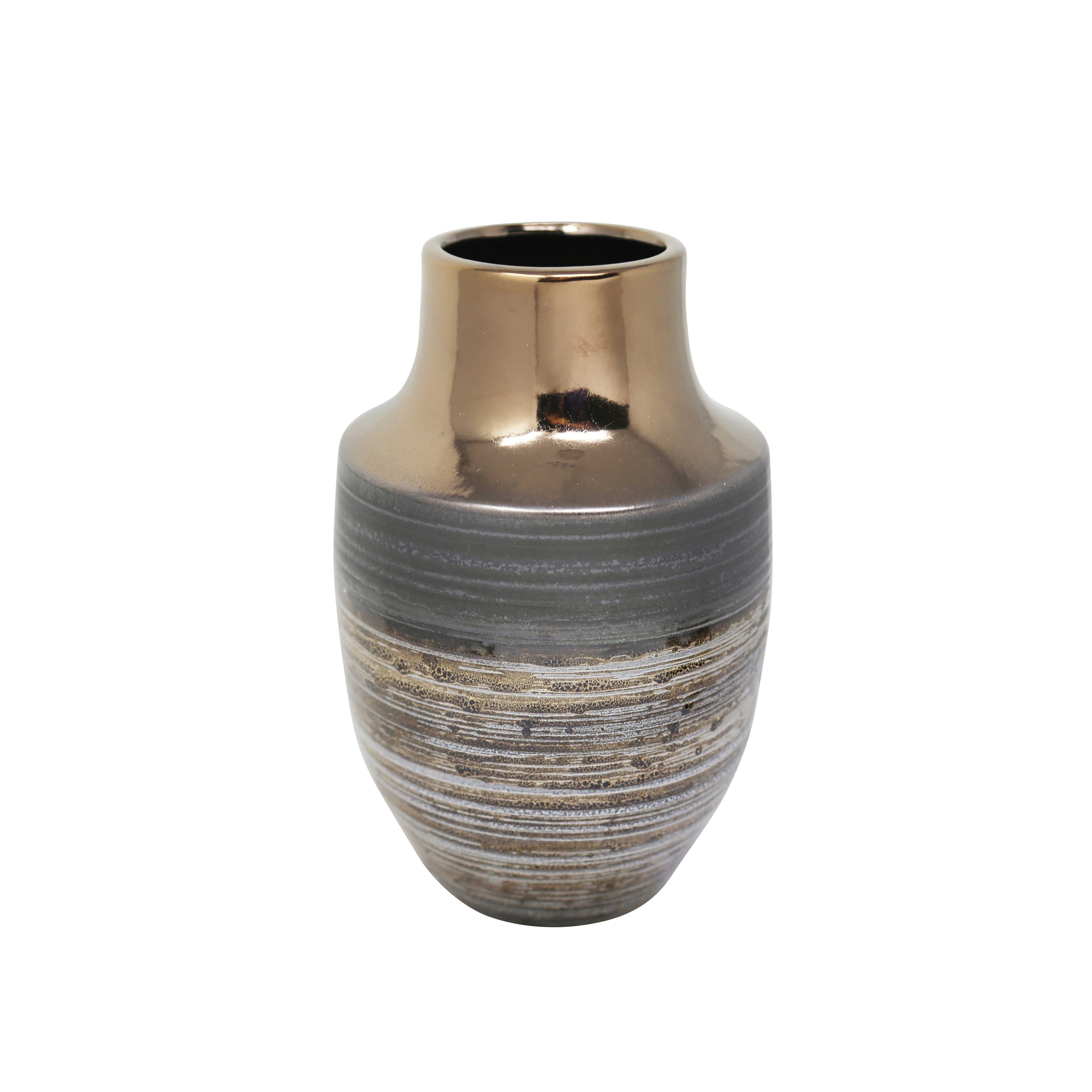 Decorative Ceramic Vase with Ribbed Texture, Bronze and Black