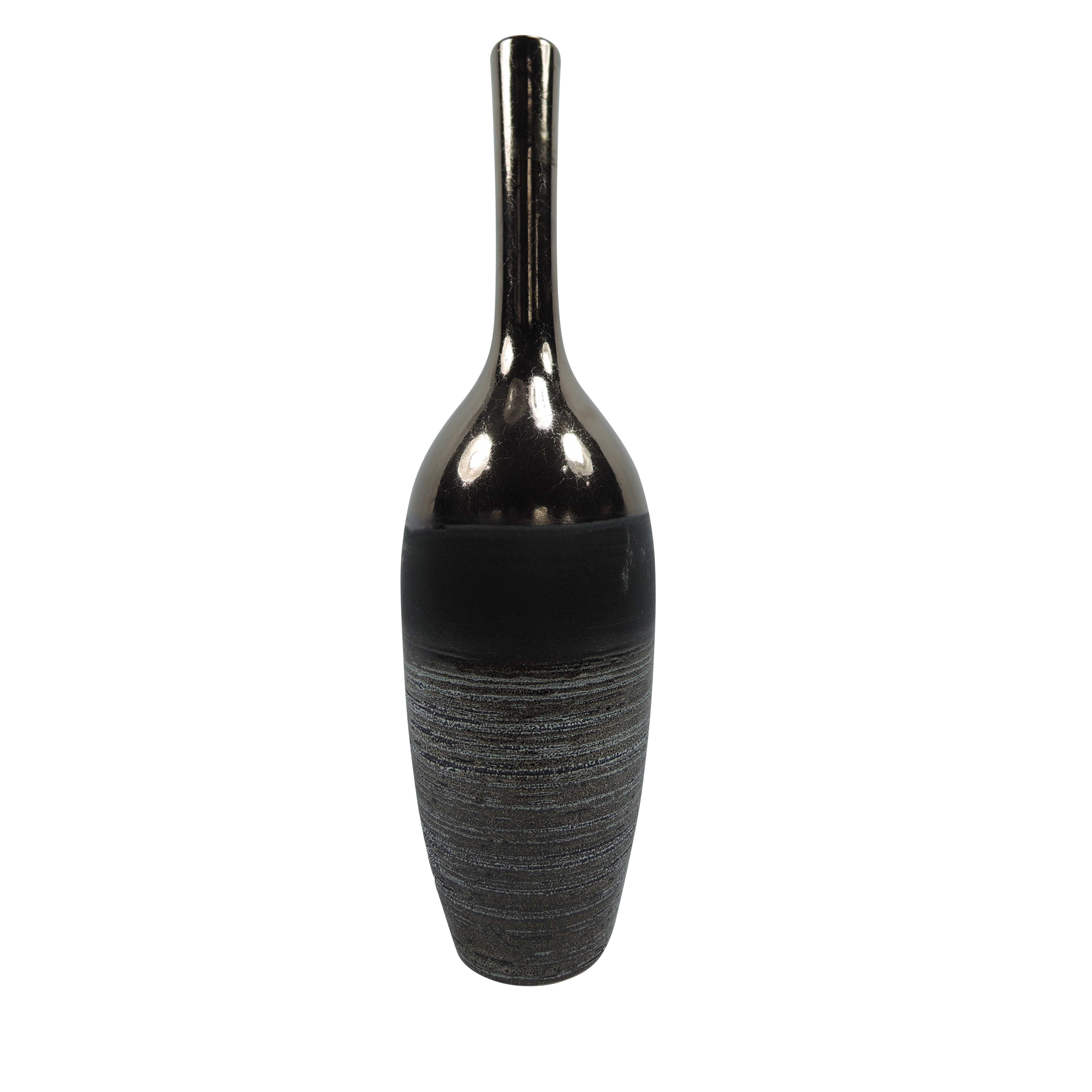 Bottle Shaped Ceramic Vase with Elongated Neck, Bronze and Black