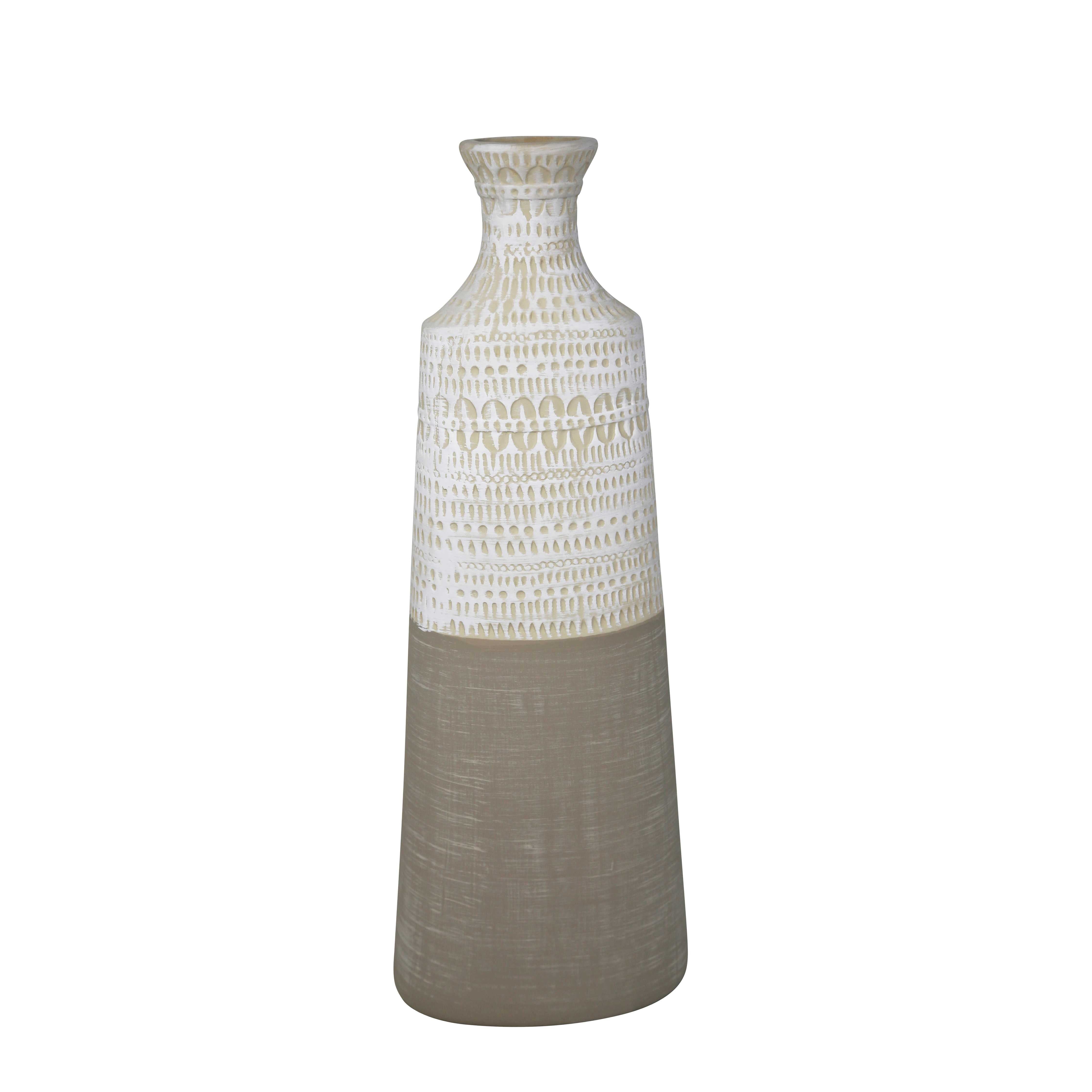 Ceramic Bottle Shaped Vase with Tribal Pattern, White and Beige