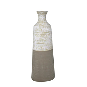 Ceramic Bottle Shaped Vase with Tribal Pattern, White and Beige