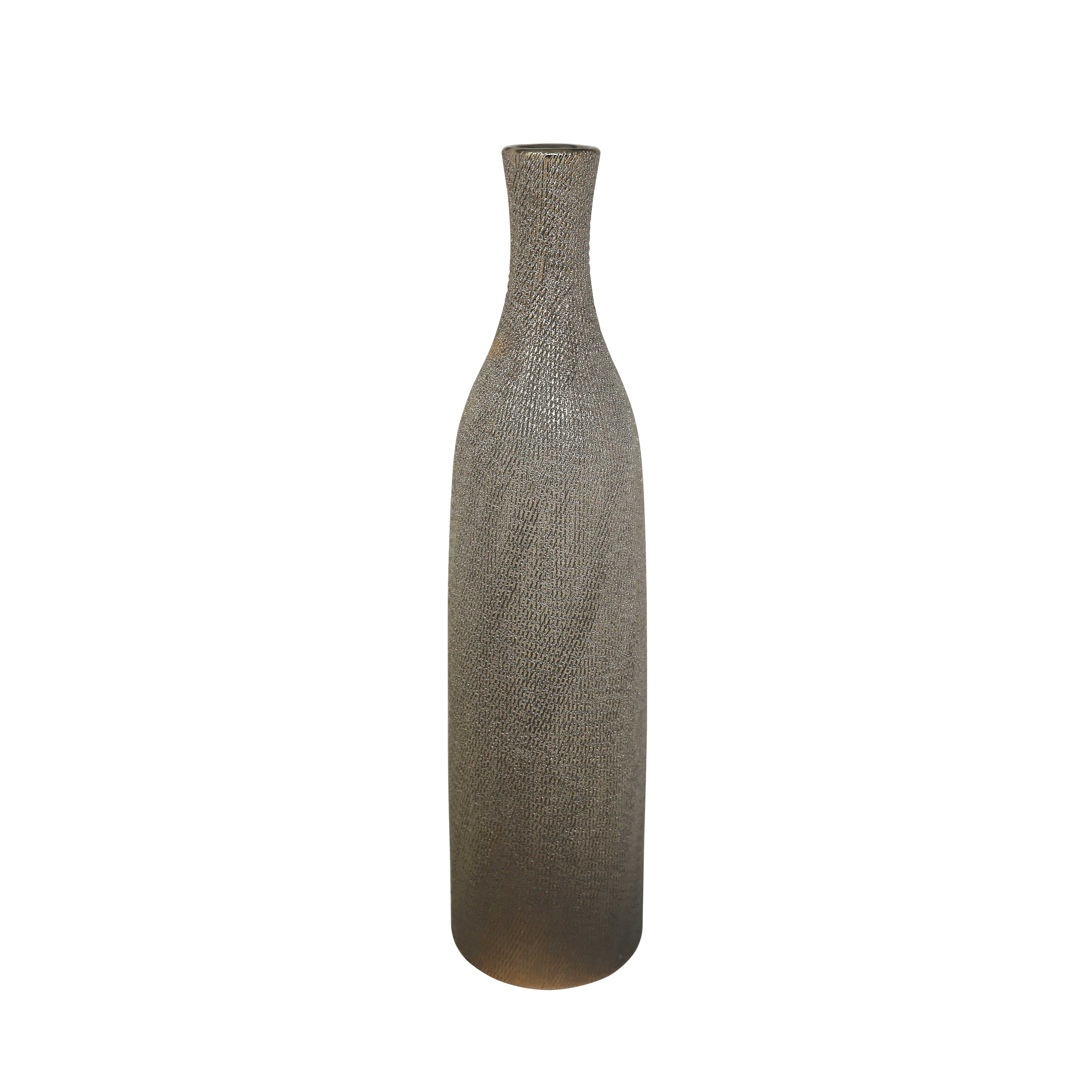 Bottle Shaped Ceramic Vase with Flared Neck and Textured Pattern, Champagne Silver