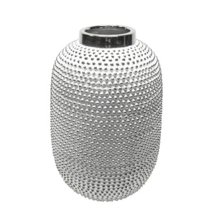 Decorative Ceramic Table Vase with Spiked Surface, Large, White and Silver