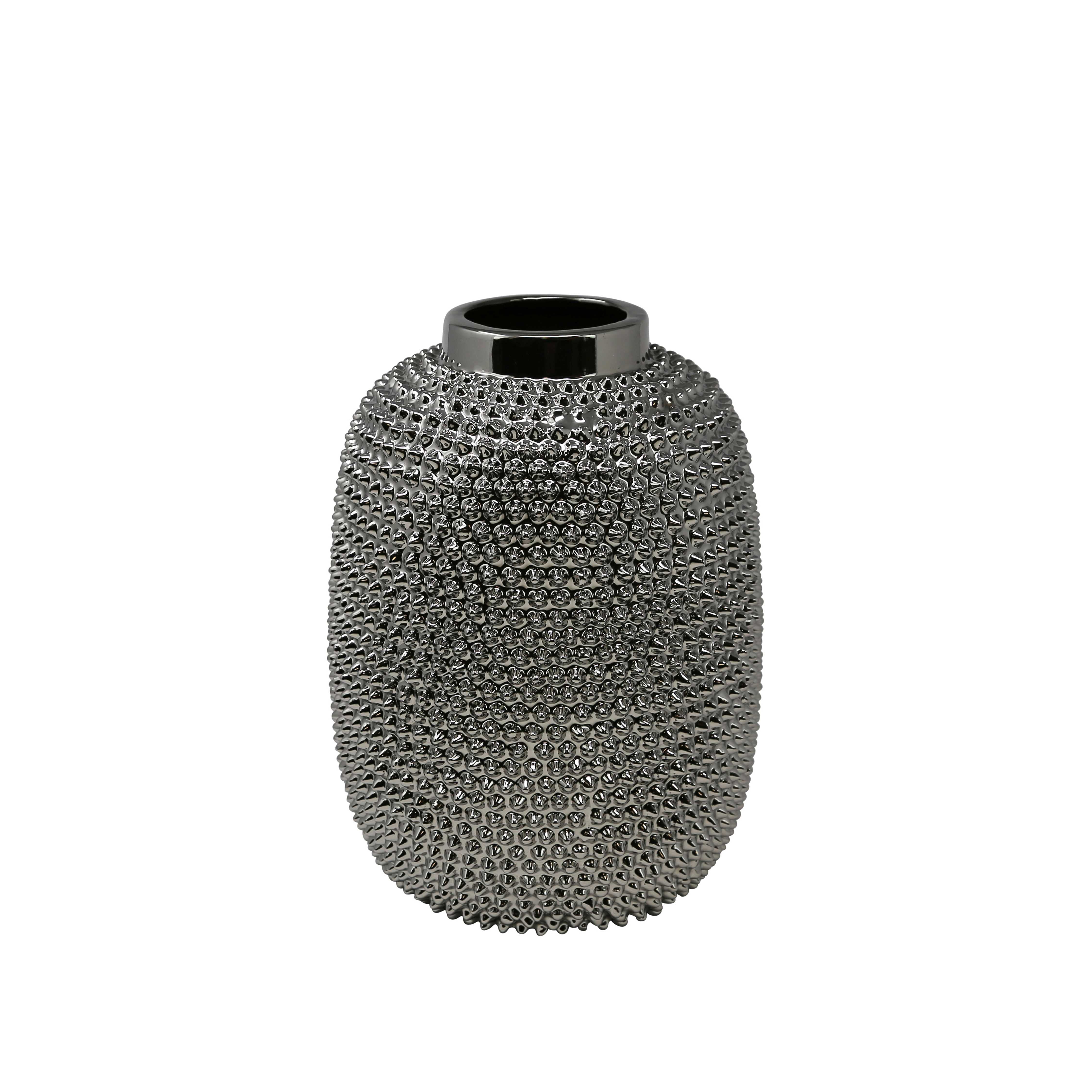 Ceramic Round Table Vase with Spiked Surface, Medium, Silver