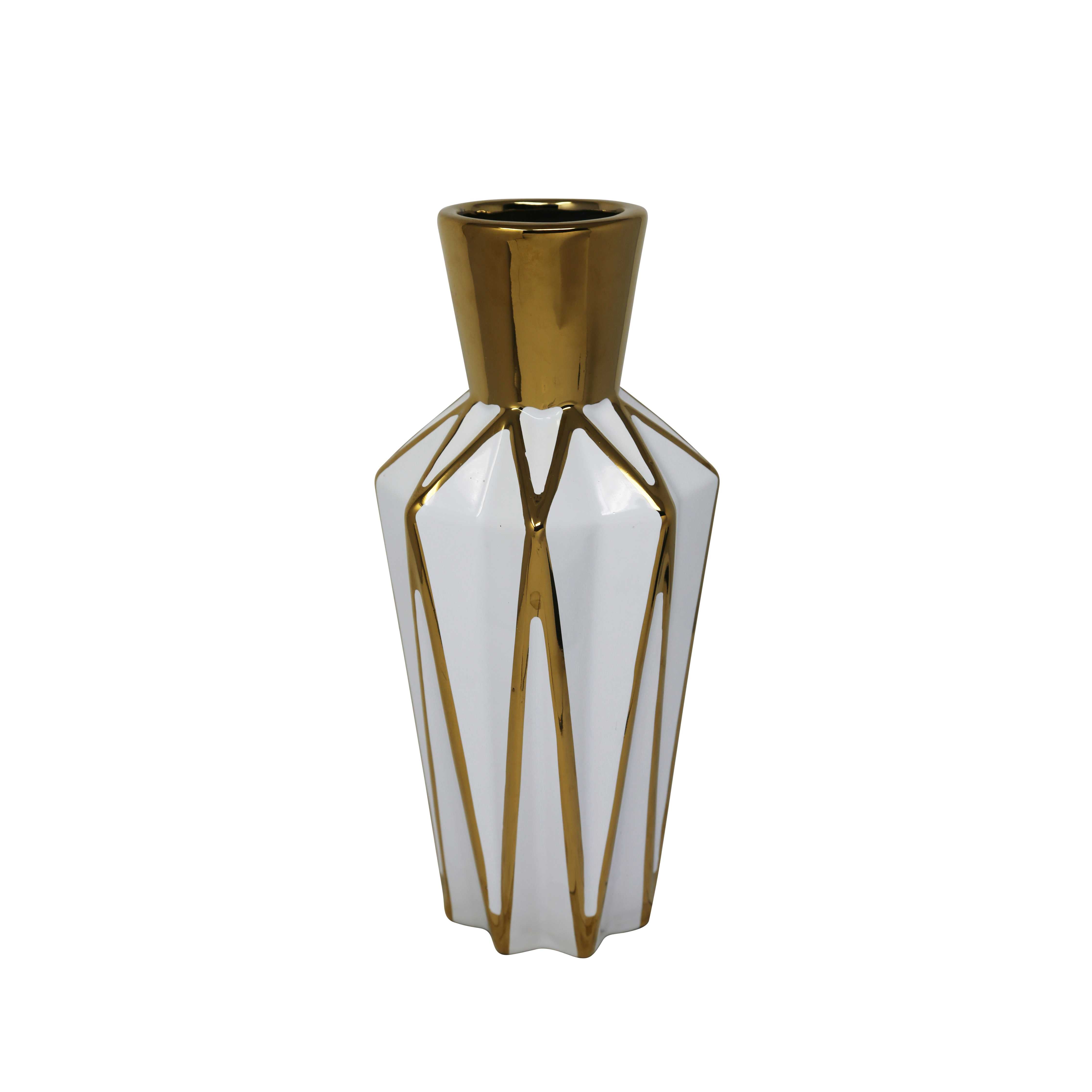 Decorative Ceramic Vase with Geometric Bud Design, White and Gold