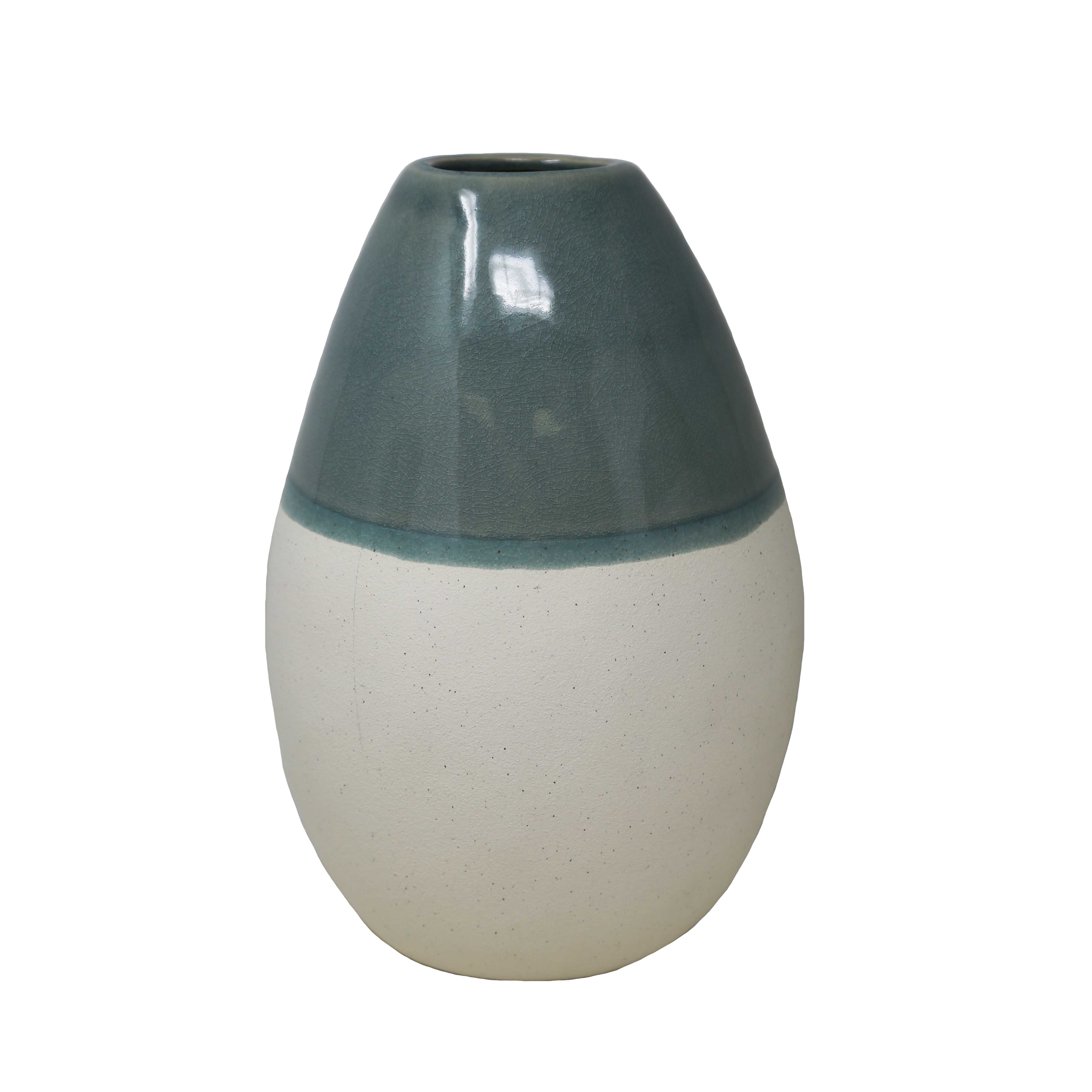 Ceramic Glazed Texture Vase with Small Open Mouth and Tapered Bottom, Large, Gray and White