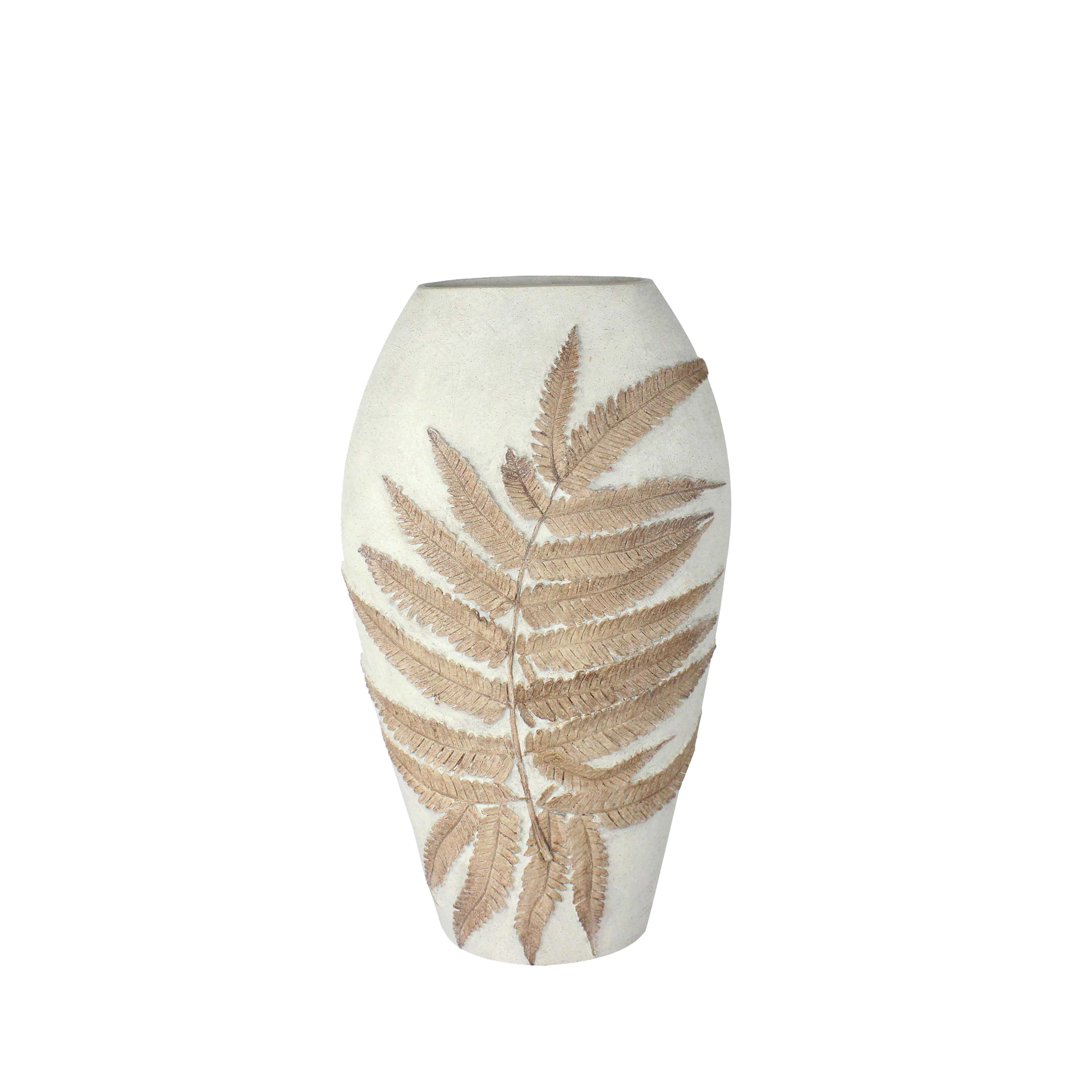 Ceramic Fern Engraved Vase with Wide Open Mouth and Round Bottom, Small, White and Gold