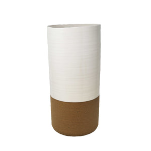 Ceramic Two Toned Vase with Irregular Mouth Rim and Round Bottom, Large, White and Brown