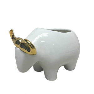 Ceramic Bull Shape Planter with Horns and Small Open Mouth On Top, White and Gold