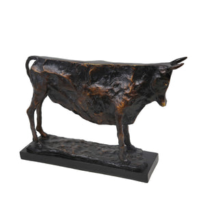 Polyresin Carved Bull Figurine Standing On Rectangular Stand, Copper