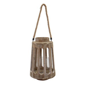 Cutout Design Wooden Lantern With Attached Hanging Rope, Large, Brown