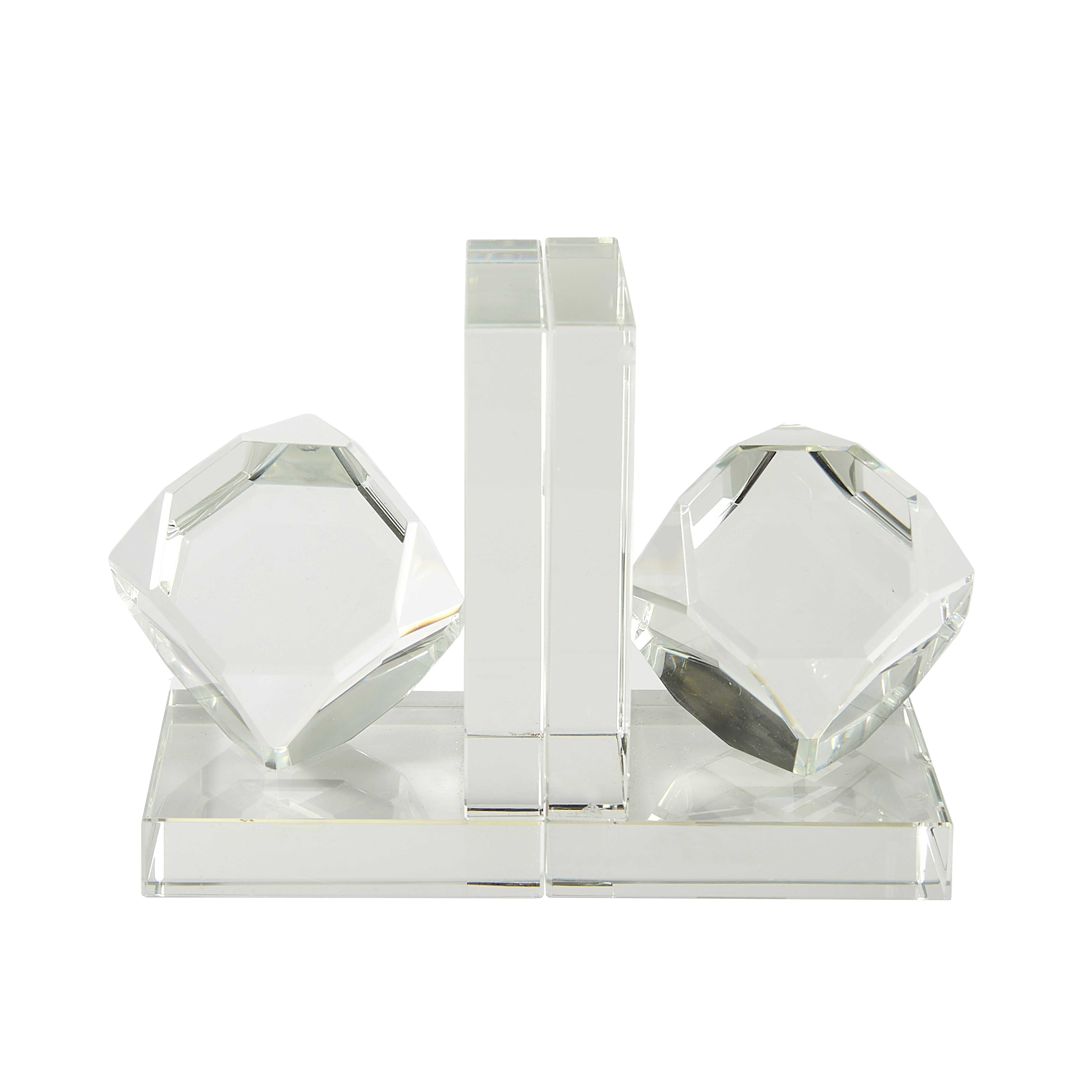 Crystal Bookends with Faceted Cubes on L Shaped Block Frame, Clear, Pack of Two