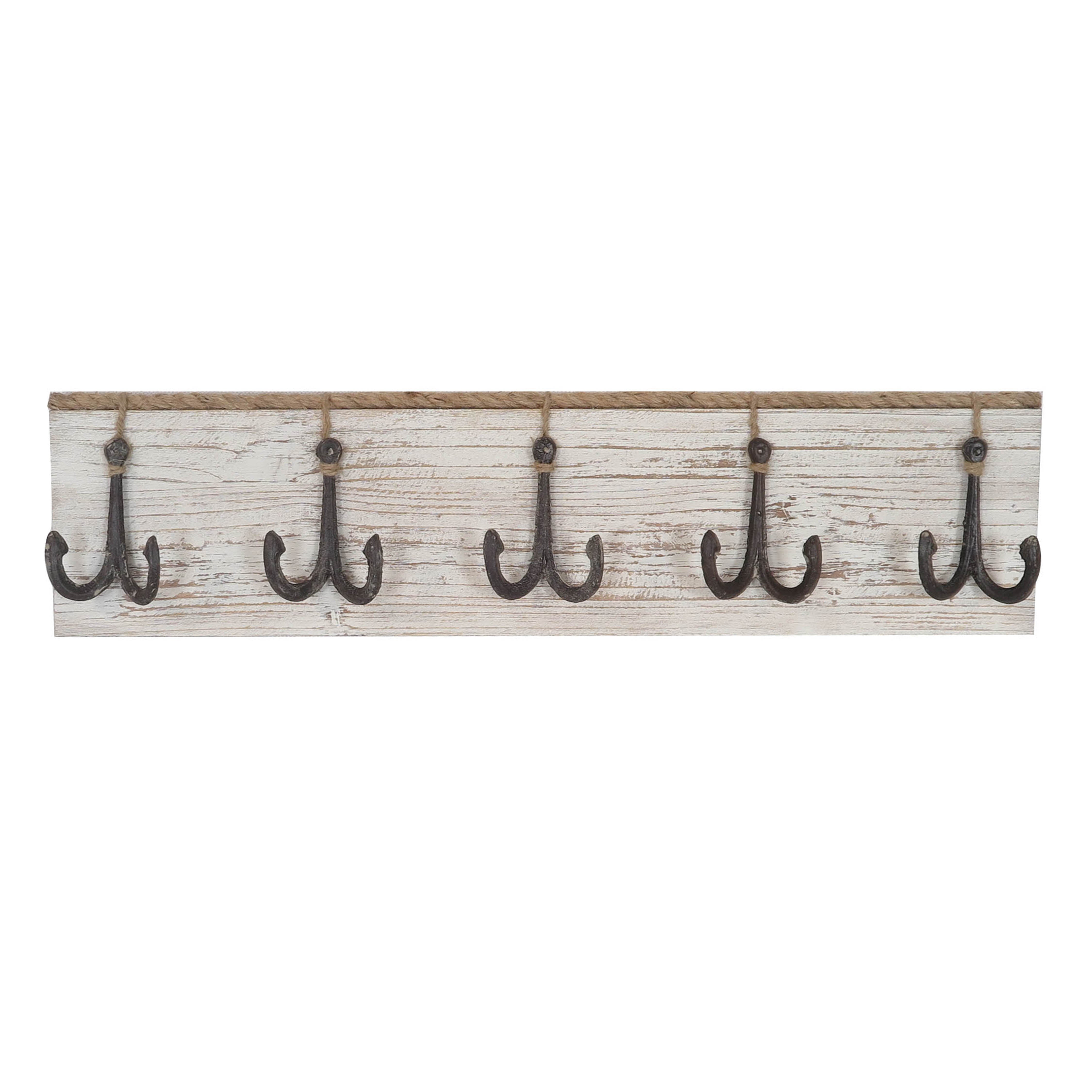 Wooden Wall Hanger Featuring Five Metal Fishing Hooks, White and Brown