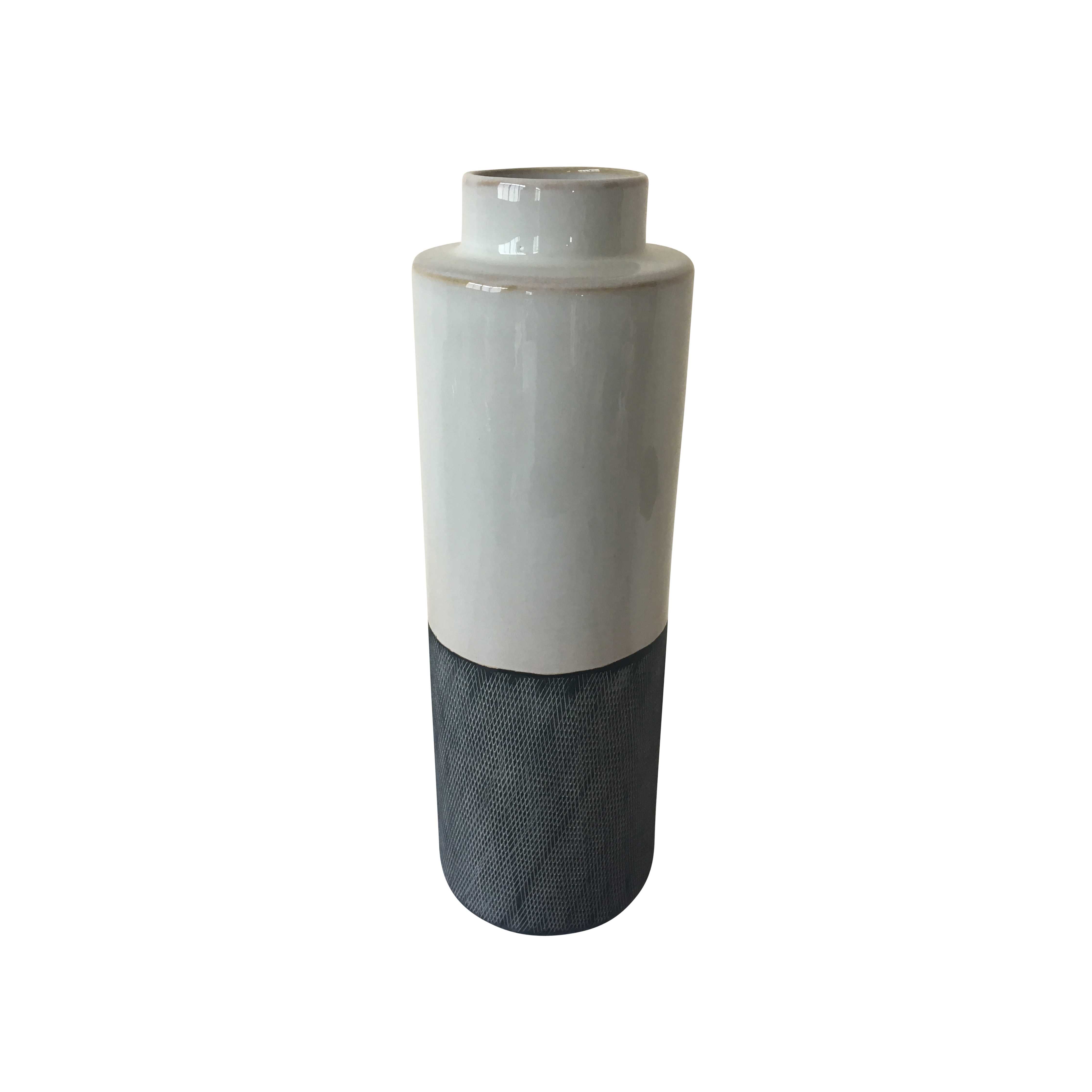 Contemporary Ceramic Vase with Cylindrical Shape, Gray and White