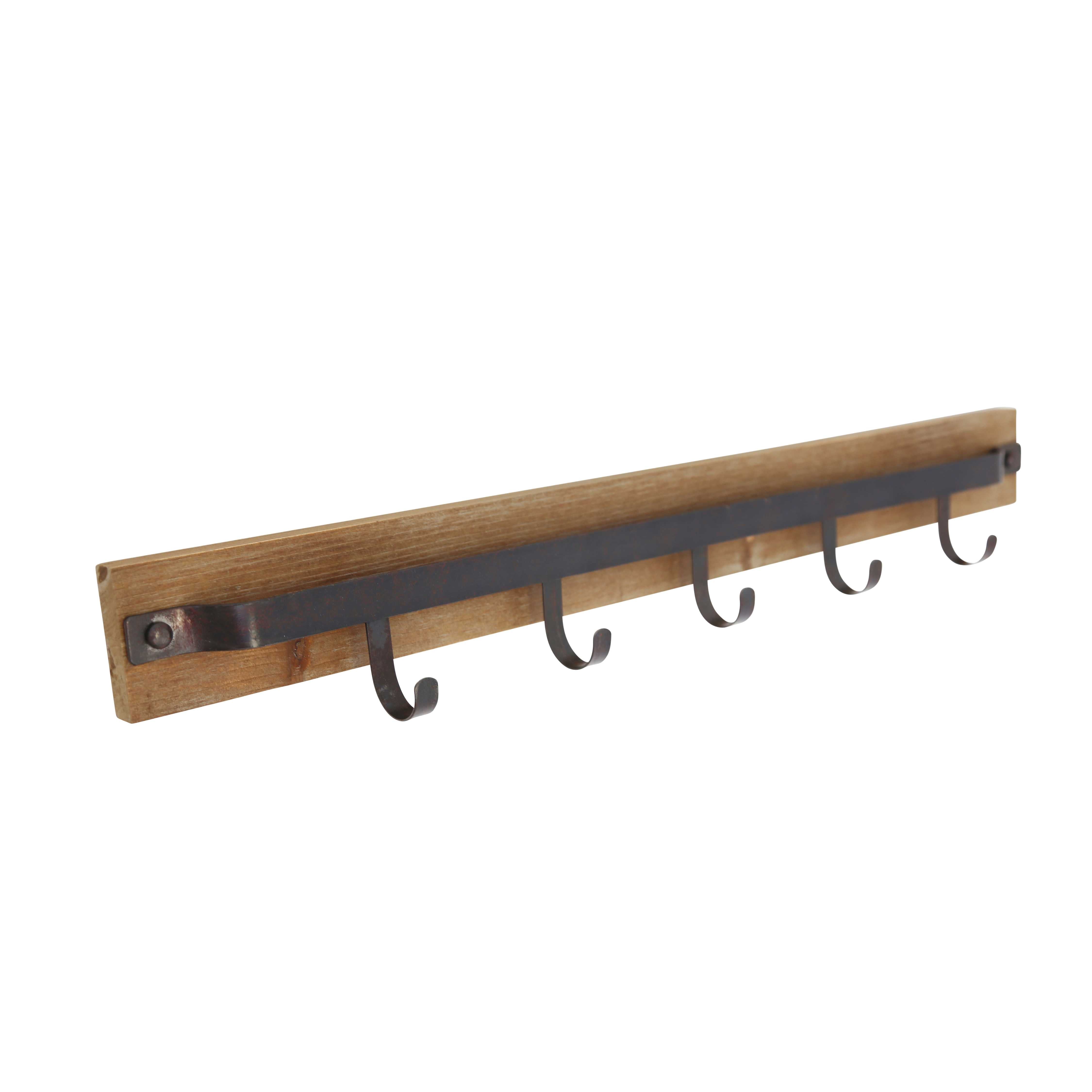 Metal and Wood Wall Hanger with Five Hooks, Brown