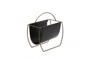 Metal and Leatherette Magazine Rack with Tall Carrying Handle, Black and Gold