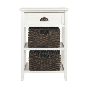 Cottage Style Wooden Accent Table with Two Woven Storage Baskets, White and Brown