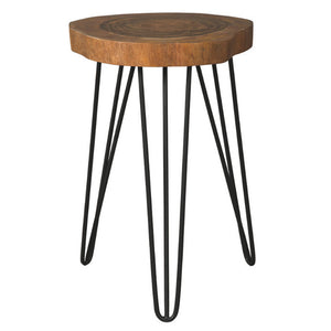 Wooden Top Accent Table with Metal Angular Feet, Brown and Black