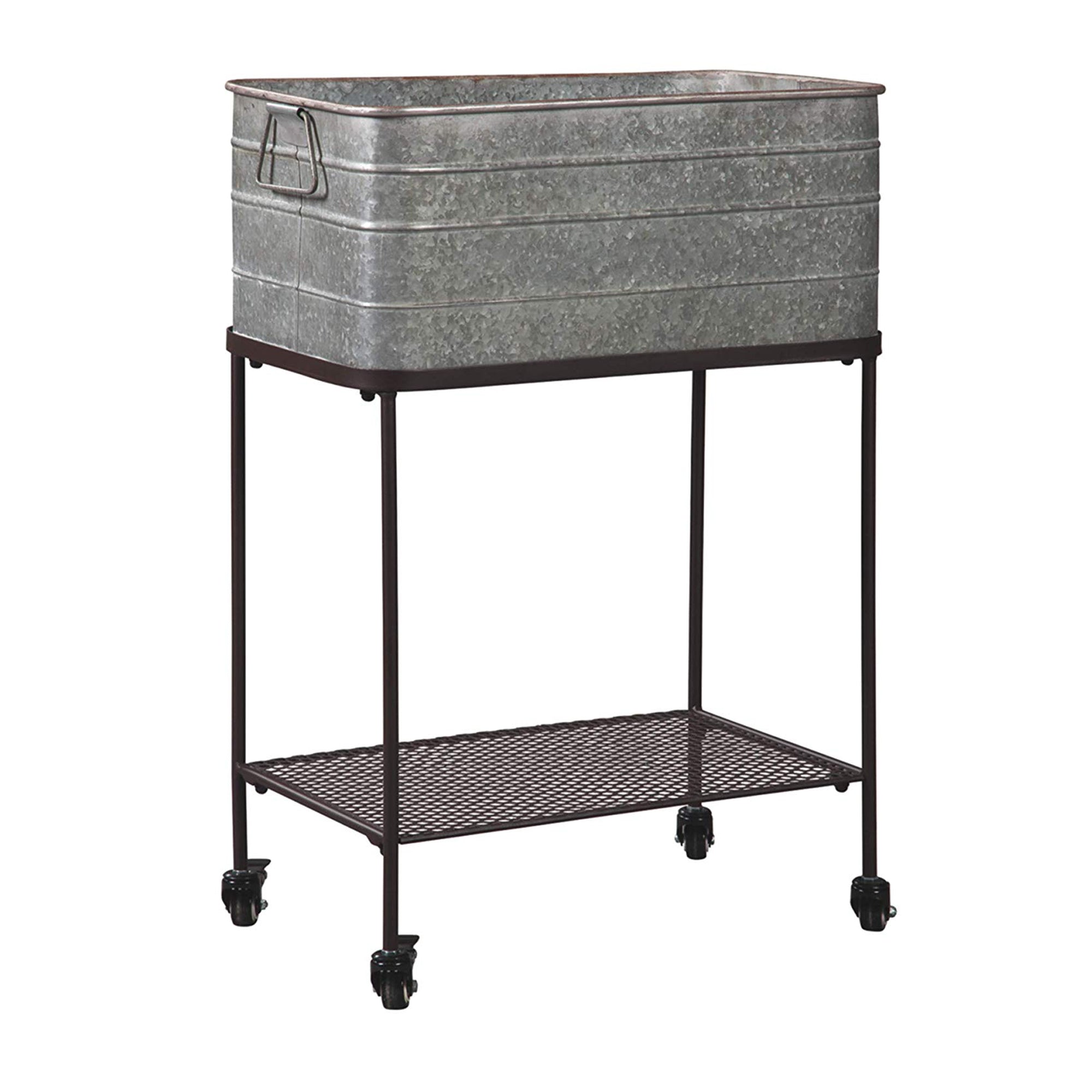 Rectangular Metal Beverage Tub with Stand and Open Grid Shelf, Gray and Black