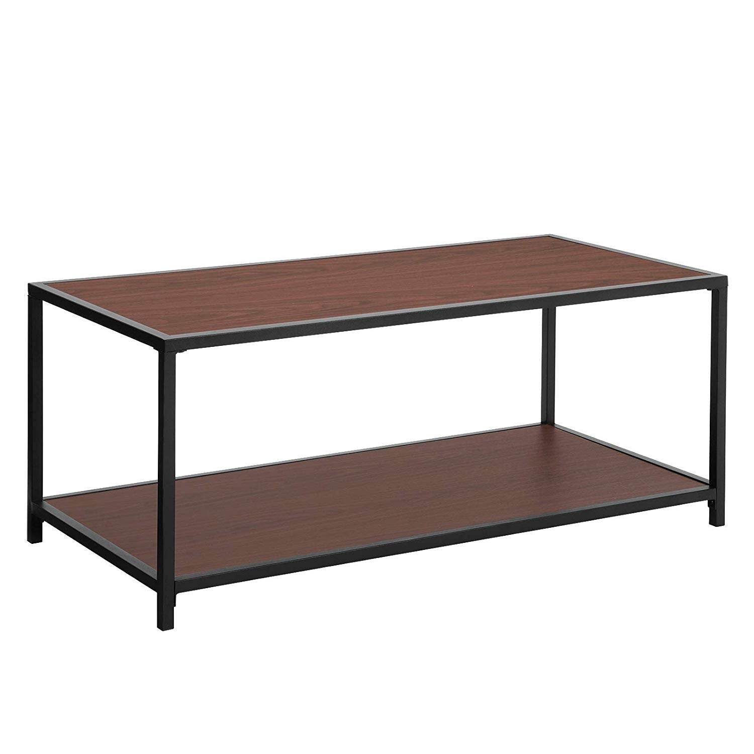 Iron Frame Coffee Table with Wooden Top and Bottom Shelf, Brown and Black