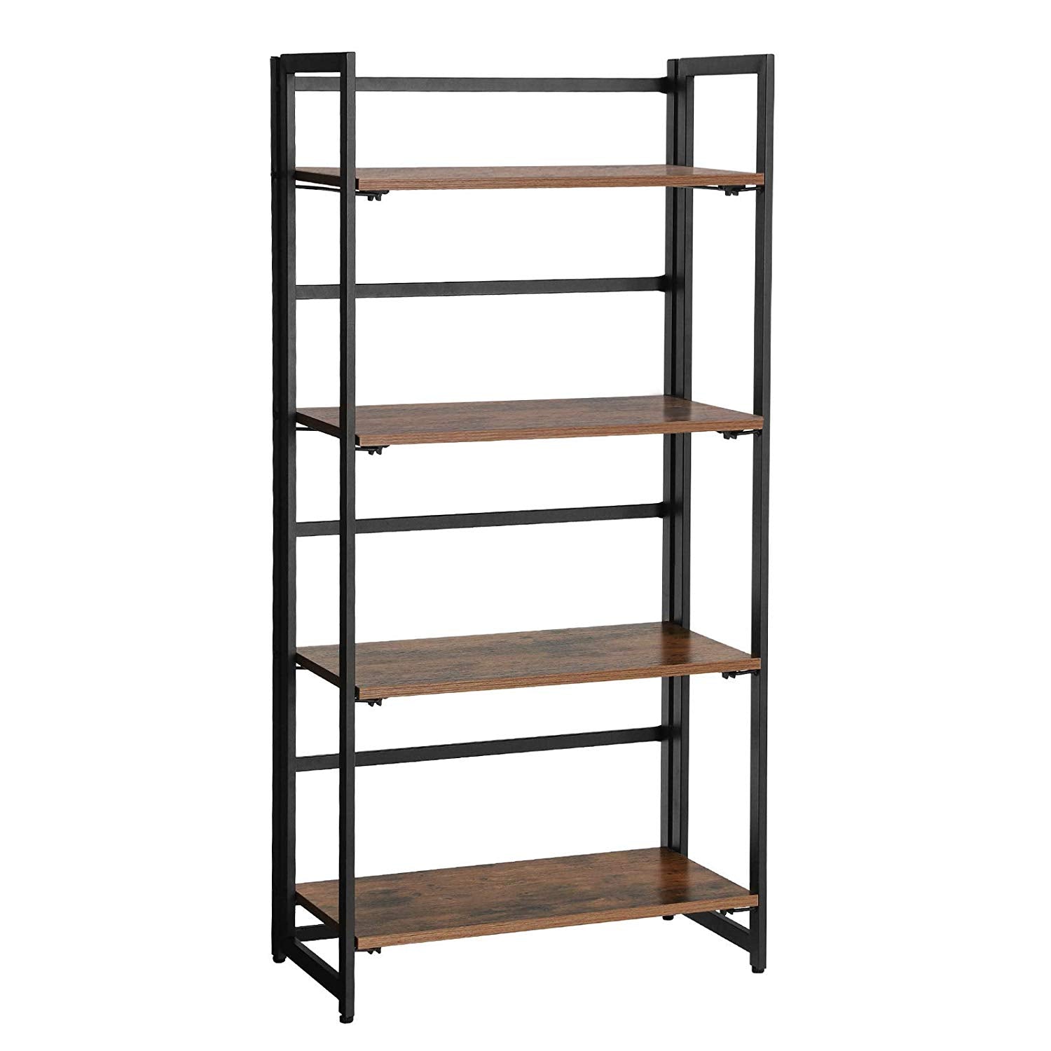 Four Tier Foldable Wooden Storage Shelf with Metal Framework, Brown and Black