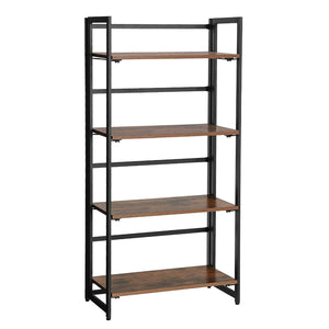 Four Tier Foldable Wooden Storage Shelf with Metal Framework, Brown and Black