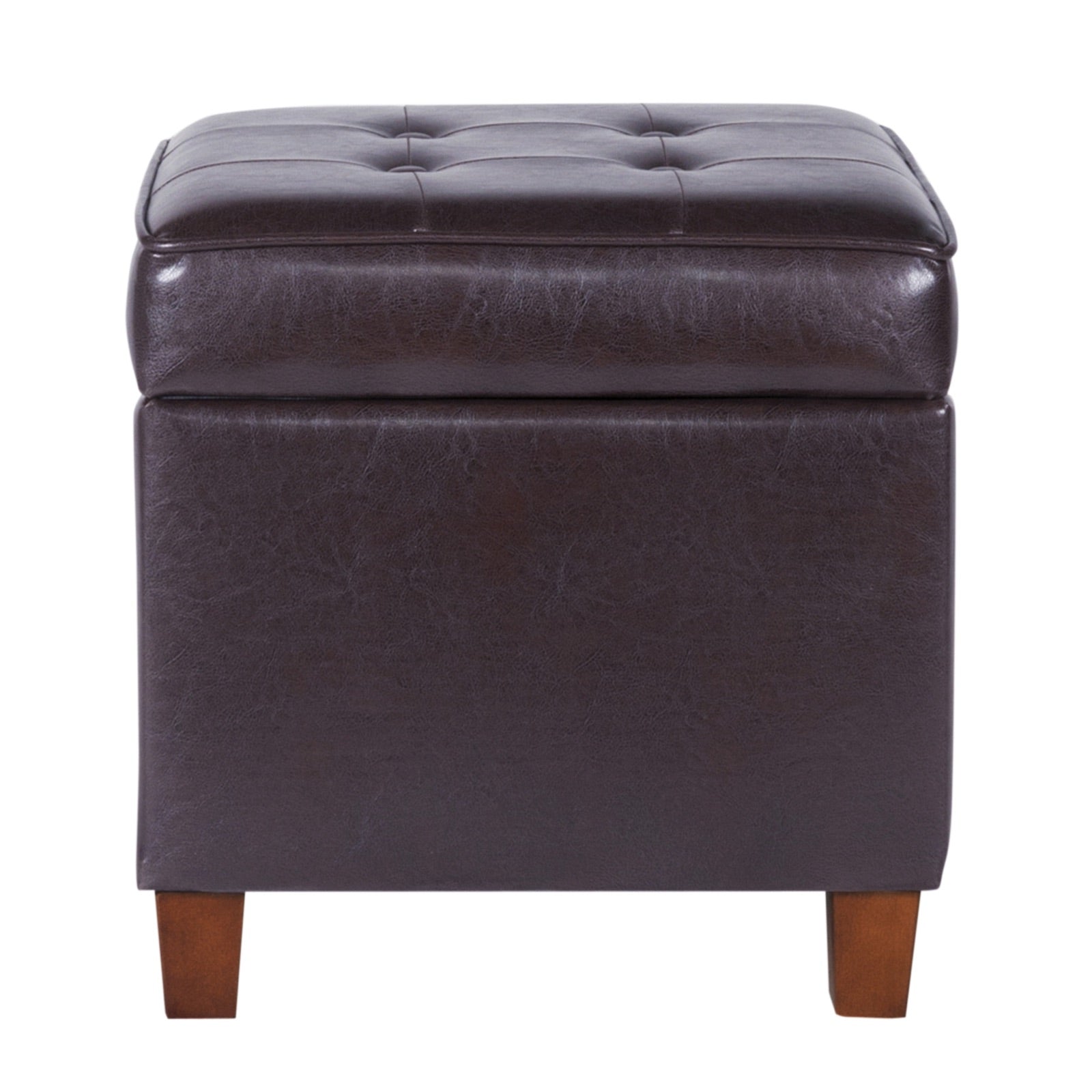 Square Shape Leatherette Upholstered Wooden Ottoman with Tufted Lift Off Lid Storage, Brown