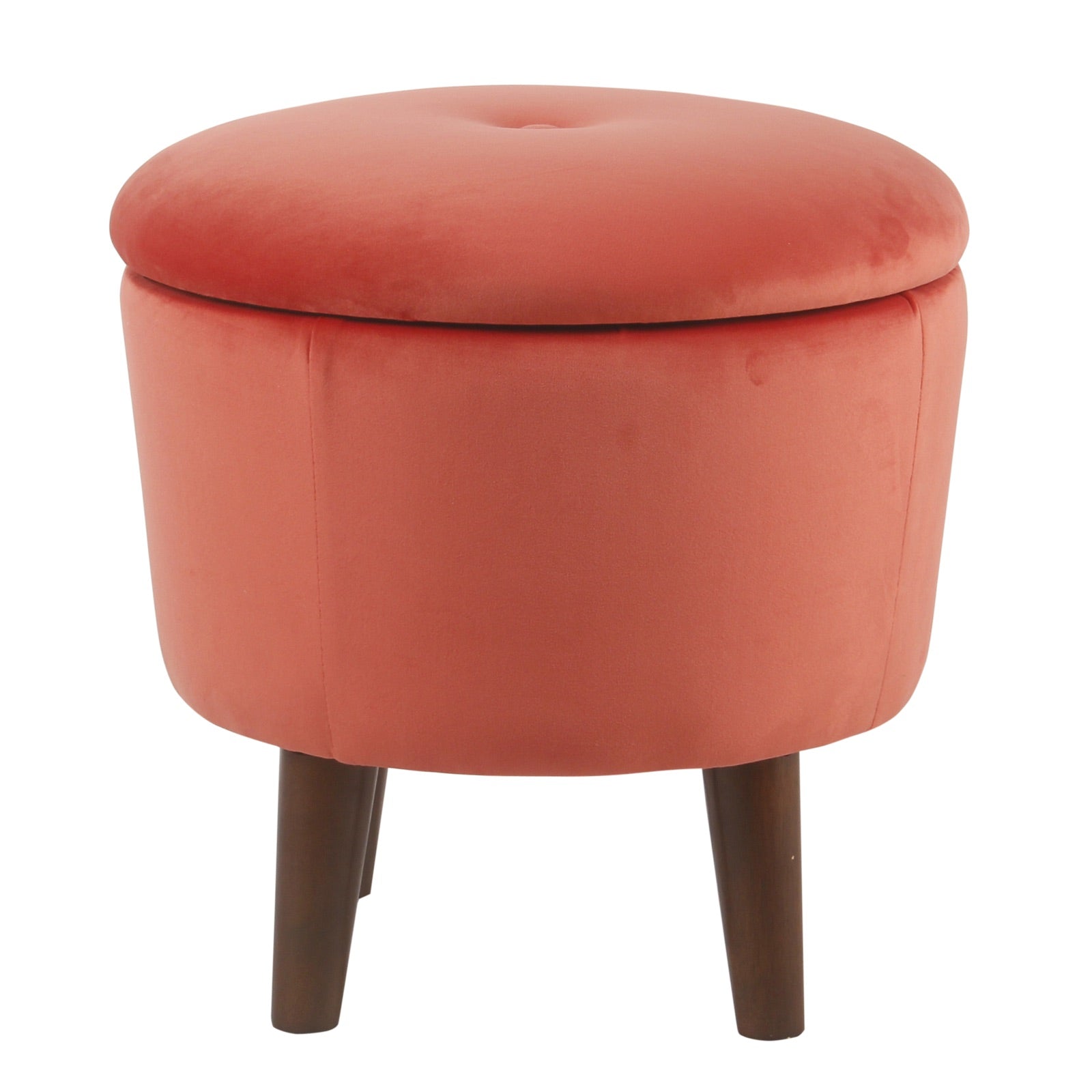 Round Shaped Velvet Upholstered Wooden Ottoman with Tufted Lift Off Lid Storage, Orange