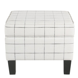 Wooden Ottoman with Grid Patterned Fabric Upholstery and Hidden Storage, White and Black