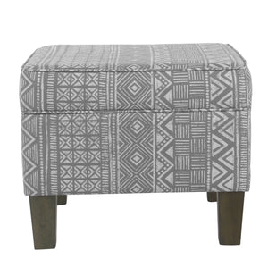 Wooden Ottoman with Tribal Patterned Fabric Upholstery and Hidden Storage, Gray