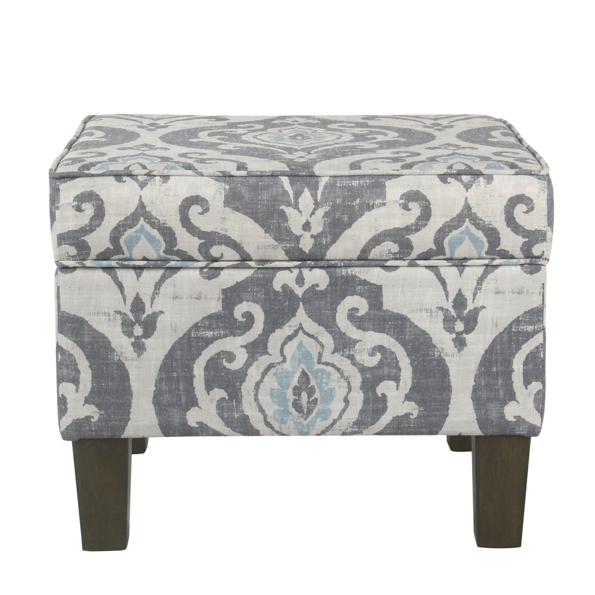 Wooden Ottoman with Patterned Fabric Upholstery and Hidden Storage, Gray and Blue