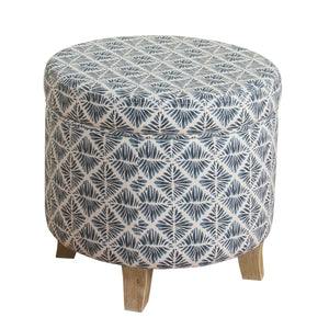 Round Shaped Fabric Upholstered Wooden Ottoman with Lift Off Lid Storage, Blue and White