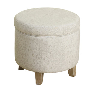 Fabric Upholstered Round Wooden Ottoman with Lift Off Lid Storage, Gray and Brown