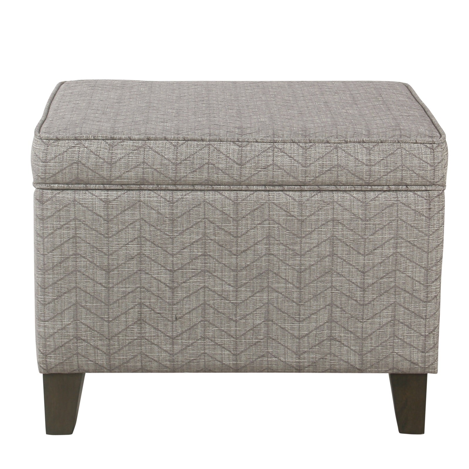 Chevron Pattern Fabric Upholstered Wooden Ottoman with Lift Top Storage, Gray and Brown