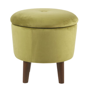 Velvet Upholstered Tufted Ottoman with Tapered Legs and Hidden Storage, Green and Brown