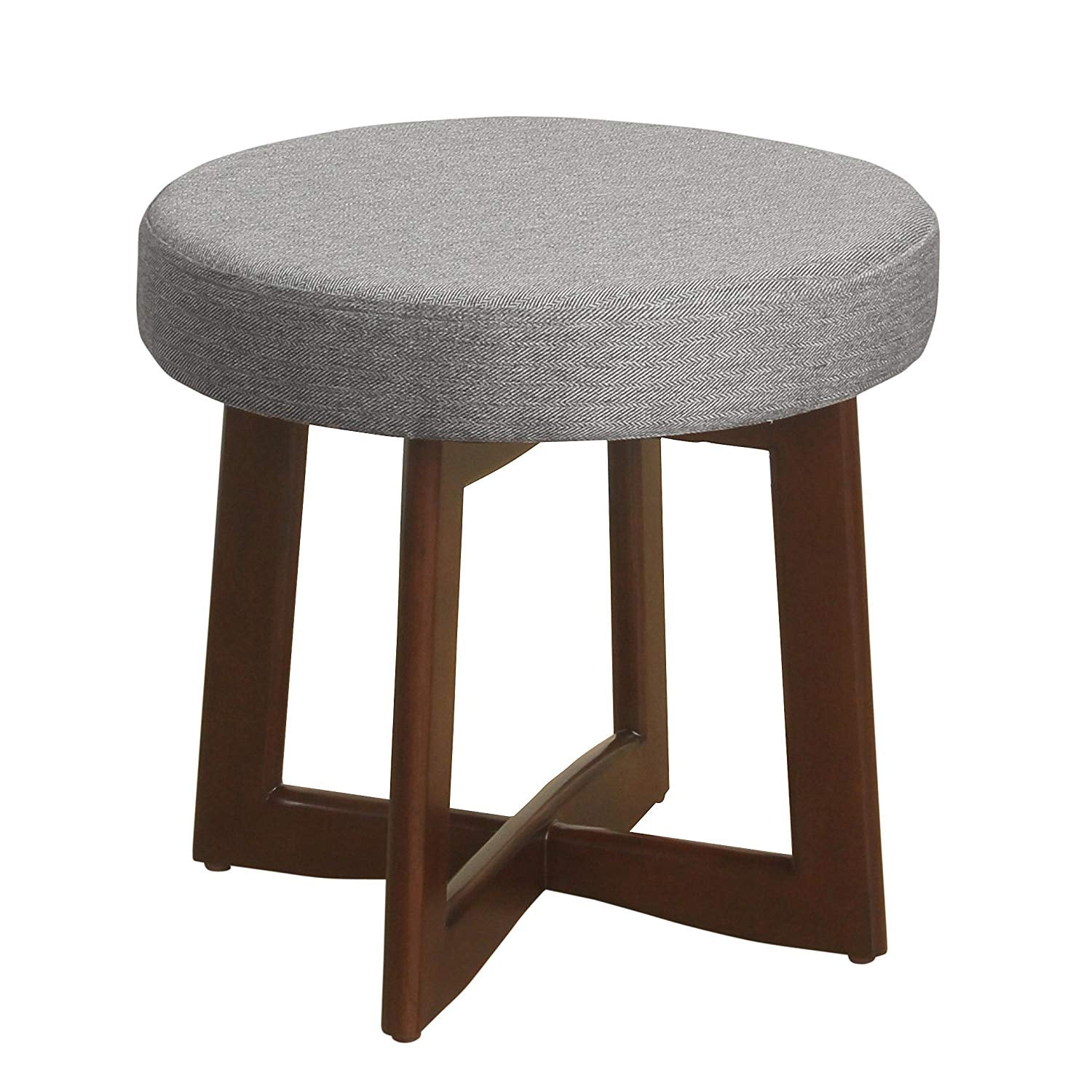 Wooden Ottoman with Fabric Upholstered Cushioned Top and Cross Base Legs, Gray and Brown