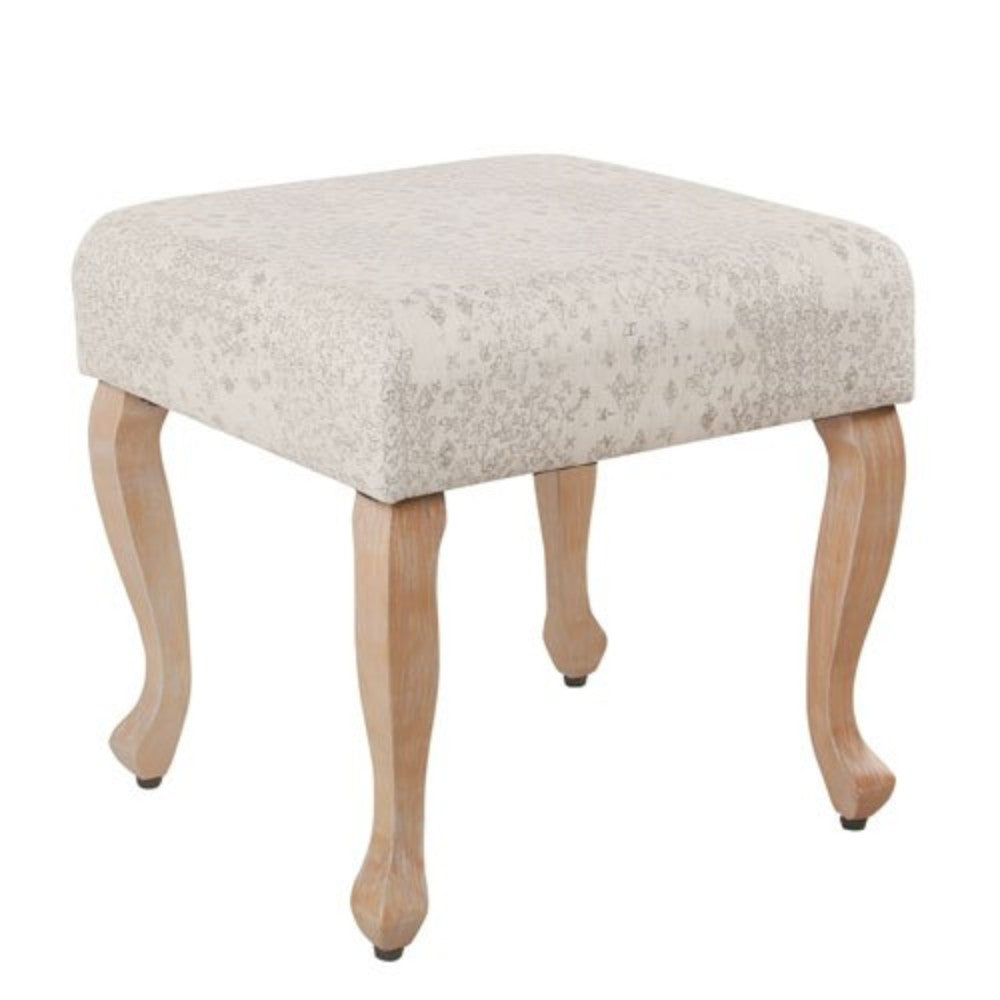 Vintage Style Fabric Upholstered Wooden Square Shaped Ottoman with Flared Legs, Gray and Cream