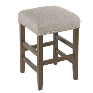 Wooden Counter Stool with Fabric Upholstered Seat and Nail head Trim Details, Gray and Brown