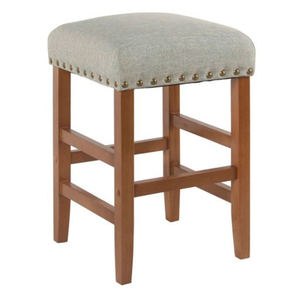 Wooden Counter Stool with Fabric Upholstered Seat and Nail head Trim Details, Blue and Brown