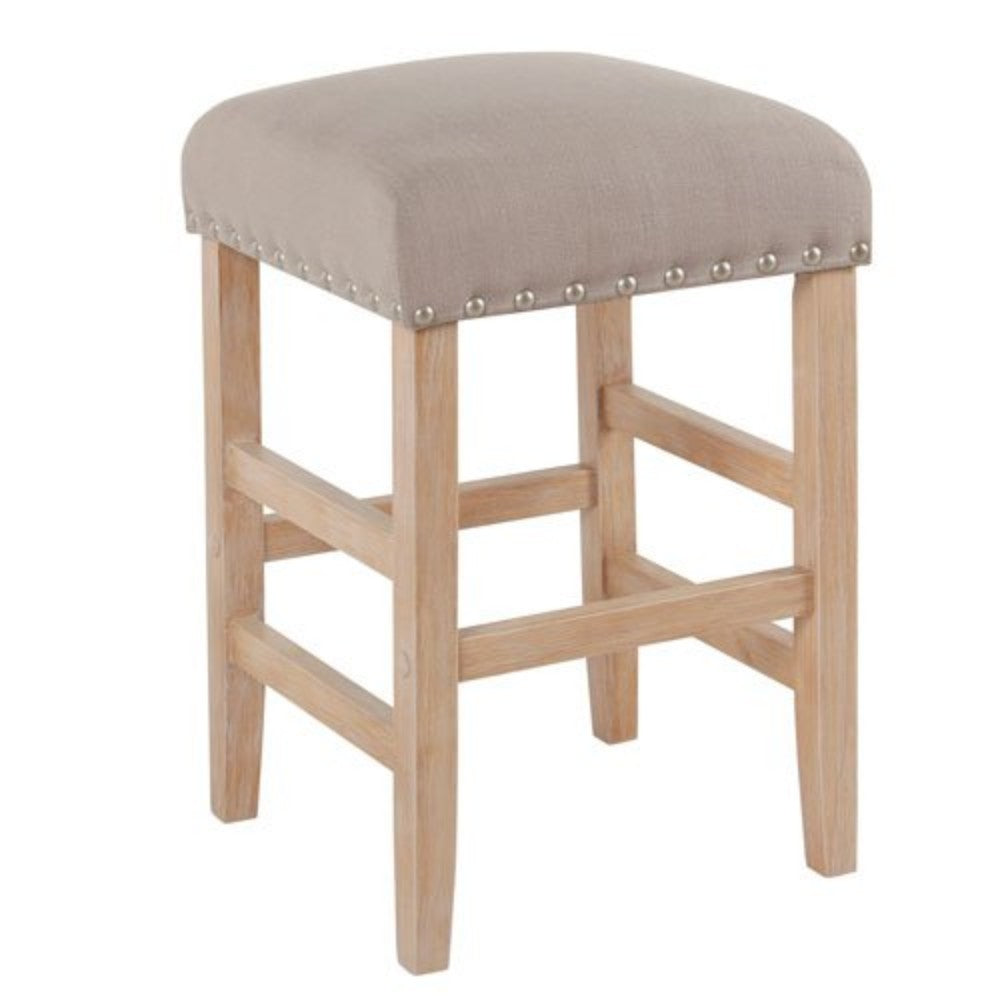 Wooden Counter Stool with Fabric Upholstered Seat and Nail head Trim Details, Beige and Brown