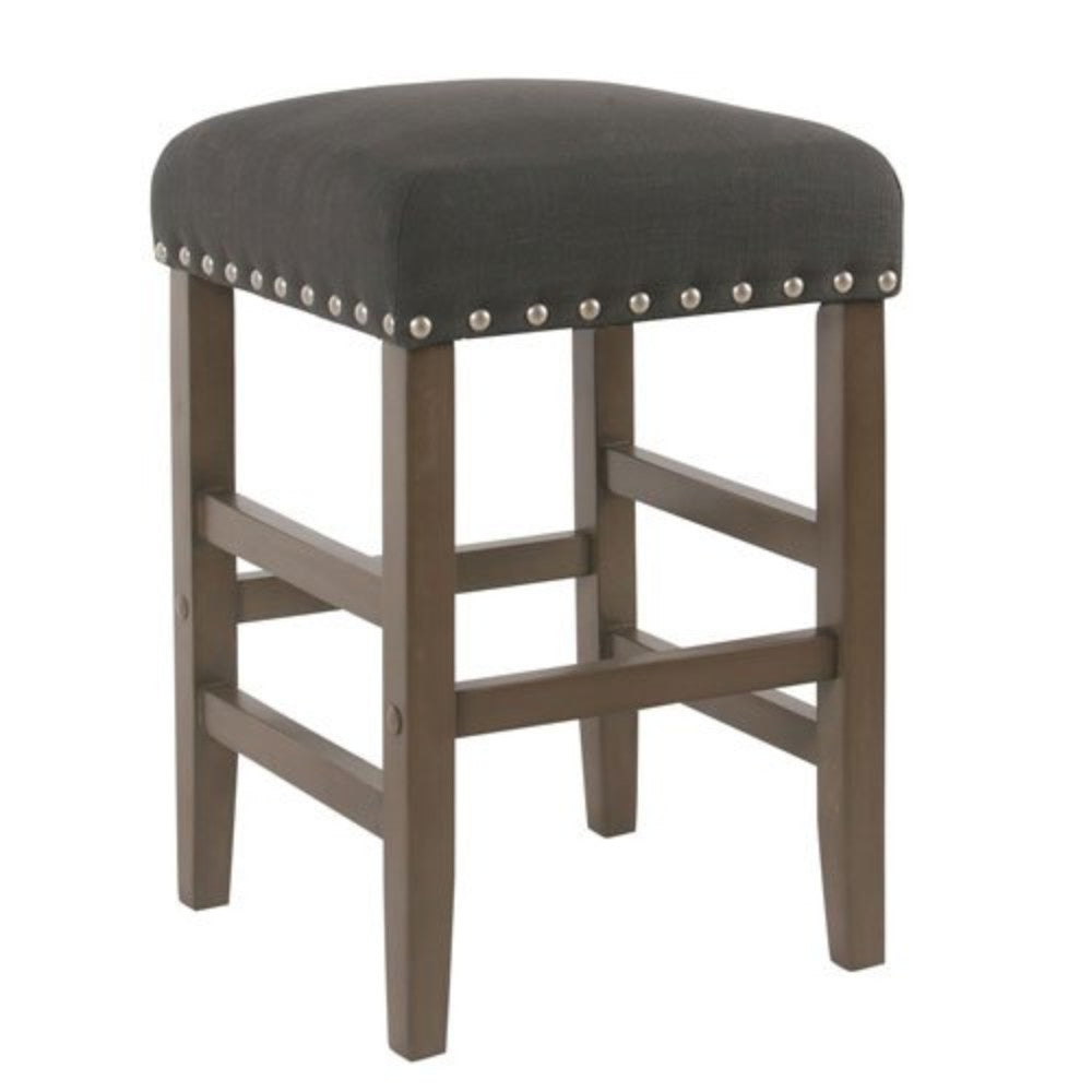 Wooden Counter Stool with Fabric Upholstered Seat and Nail head Trim Details, Black and Brown