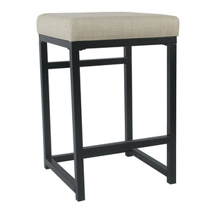 Open Back Metal Counter Stool with Fabric Upholstered Padded Seat, Beige and Black