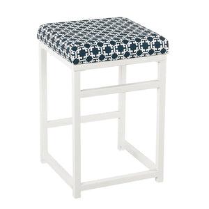 Metal Counter Stool with Fabric Upholstered Geometric Pattern Seat, White and Blue