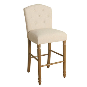 Fabric Upholstered Wooden Barstool with Button Tufted Back, Cream and Brown