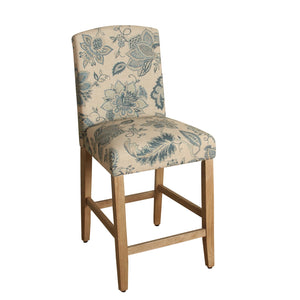 Fabric Upholstered Wooden Barstool with Floral Pattern Cushioned Seat, Multicolor