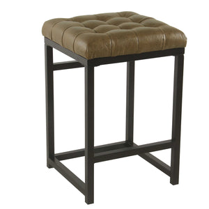 Metal Counter Stool with Button Tufted Faux Leather Upholstered Seat, Brown