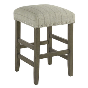 Wooden Counter Stool with Stripe Pattern Fabric Padded Seat, Gray and Brown