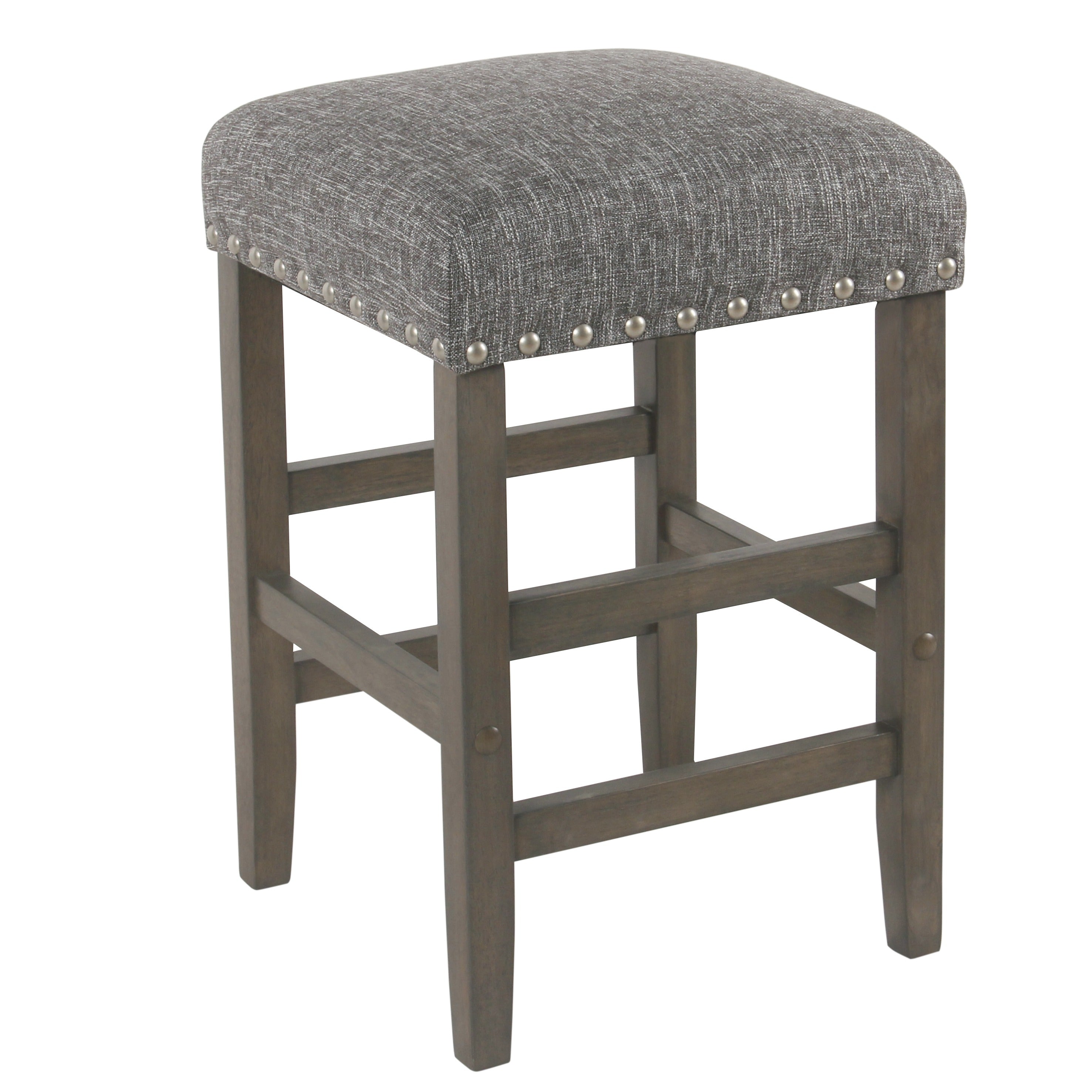 Wooden Counter Stool with Fabric Padded Seat and Nail Head Trim, Gray